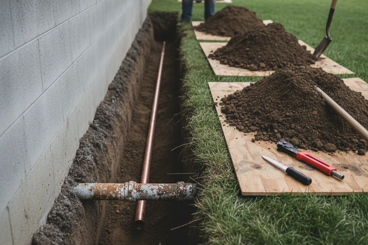 Excavated water line trench during Water Heater Repair in Prospect Hill